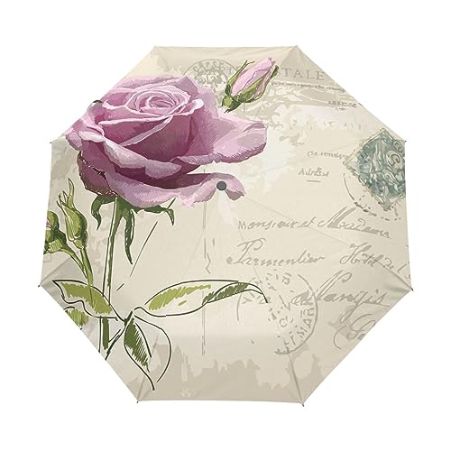 GAIREG Vintage Postkarte Rose Muster Reise Regenschirm für Regen Klein Kompakt Tragbar Faltbar Auto Öffnen Regenschirme von GAIREG