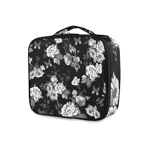 GAIREG Vintage Rosen Make-up Tasche Kosmetiktasche für Frauen Reise Kulturbeutel, Vintage weiße Rosen auf Schwarz von GAIREG