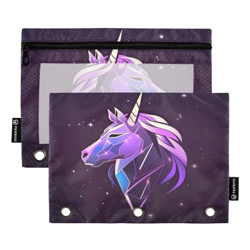 GAIREG Violette Einhorn- und Stern-Bindertaschen, Reißverschluss-Tasche, 3-Ringbuch, Federmäppchen, 2 Stück, Lila Einhorn und Sterne, one sizex2 von GAIREG