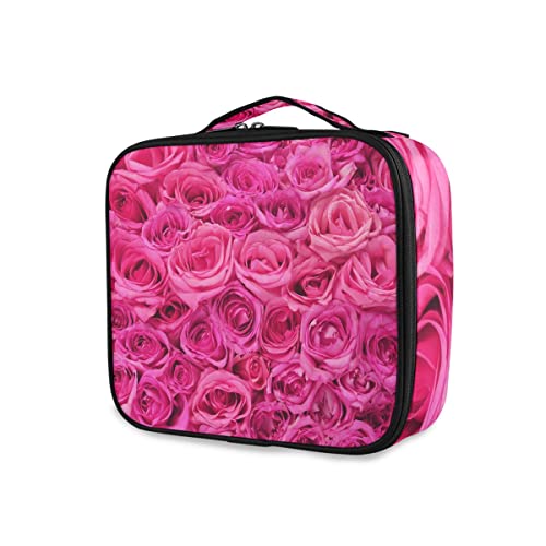 GAIREG Weiße Palmen auf schwarzem Make-up-Etui, Kosmetiktasche, Organizer, Reise-Kulturbeutel mit verstellbaren Trennwänden für Frauen, Rosa Rosen von GAIREG