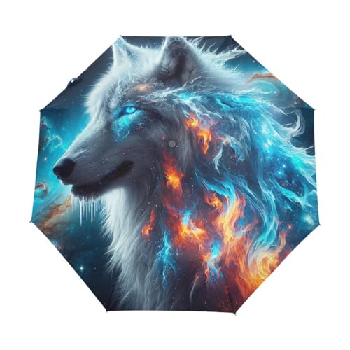 GAIREG Wolf mit blau-rotem Feuer, faltbarer Regenschirm, winddicht, automatisches Öffnen und Schließen von GAIREG