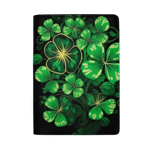 Geometrisches quadratisches Muster Leder Reisepass und Kartenhalter Reisepass Brieftasche für Herren, St. Patrick Day Klee auf Schwarz von GAIREG