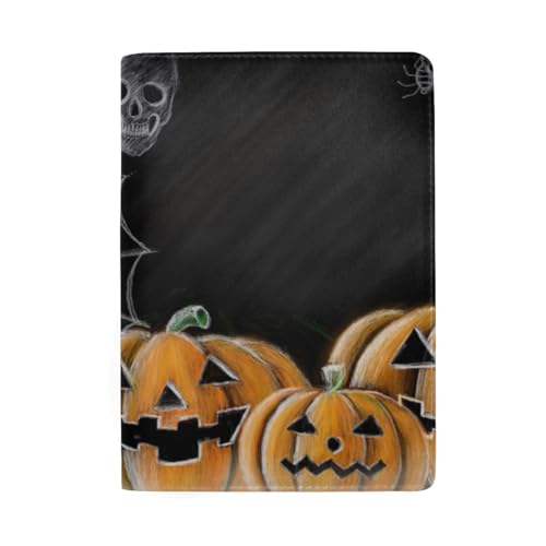 Halloween Skelett Horn Reisepasshalter für Männer Reisepass Brieftasche für Männer, Halloween-Kürbis-Spinnennetz-Totenkopf-Kerze, Kreidetafel-Stil von GAIREG