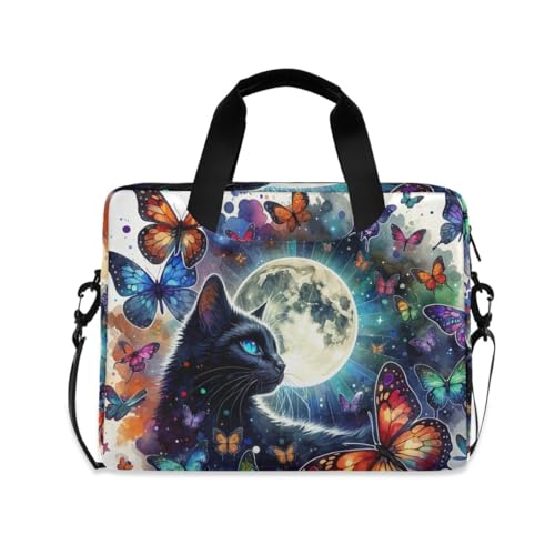 Laptoptasche mit Retro-Blumendruck, 39,6 cm (15,6 Zoll), Computerhülle mit Schultergurten, Griff, Notebook-Aktentasche, Aquarell, Katze, Schmetterlinge und Mond, Einheitsgröße von GAIREG