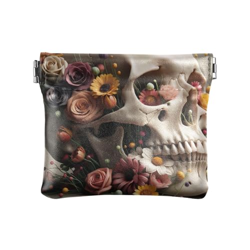 Münzgeldbeutel mit Quetschverschluss für Geldbörse, Münzbörse für Damen, Weißer Totenkopf, buntes Blumenmuster, Muster: von GAIREG
