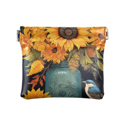 Münzgeldbörse Mini Kleingeldbeutel Euro-Münzhalter, Sonnenblumen und Vögel, Muster: von GAIREG