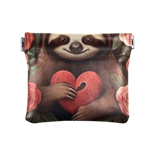 Niedliche Geldbörse aus PU-Leder für Kleingeld, Quetschtasche, Mini-Kosmetiktasche, Blumen und Faultier, Muster: von GAIREG