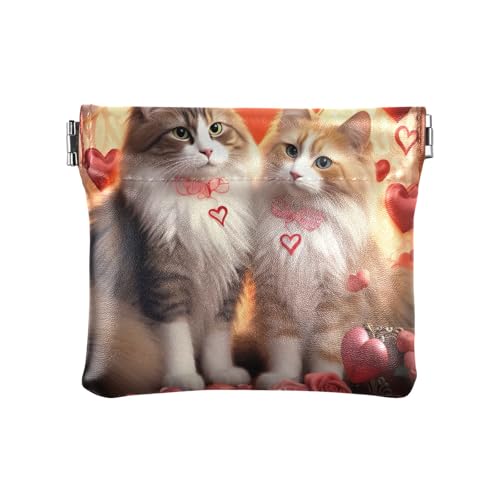 Niedliche Mini-Geldbörse aus Leder, kleine Münztasche, Katze Valentine vor Herzen, Muster: von GAIREG