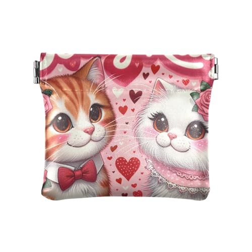 Niedliche Mini-Geldbörse aus Leder, kleine Münztasche, Niedliches Katzenpaar zum Valentinstag, Muster: von GAIREG