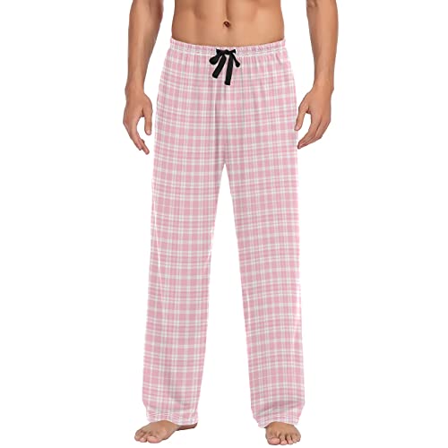 Pyjamahose für Herren, Pyjamahose mit Taschen, Herren-Langschlafhose S-XXL, Rosa Weiß kariert, Medium von GAIREG