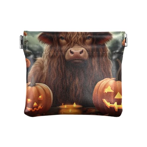 Quetschbare Münzgeldbörse, wasserdicht, Kosmetiktasche für Damen, Mini-Geldbörse aus PU-Leder, Britische Hochlandkuh Halloween, Muster: Quetschbare Münzgeldbörse, wasserdicht, Kosmetiktasche für Damen, Mini-Geldbörse aus PU-Leder, Britische Hochlandkuh Halloween, Muster: von GAIREG
