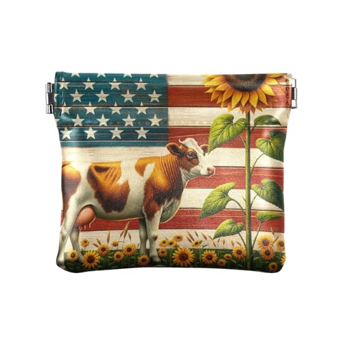 Quetschbare Münzgeldbörse, wasserdicht, Kosmetiktasche für Damen, Mini-Geldbörse aus PU-Leder, Kuh-Sonnenblumen-Flaggenmuster, Muster: Quetschbare Münzgeldbörse, wasserdicht, Kosmetiktasche für Damen, Mini-Geldbörse aus PU-Leder, Kuh-Sonnenblumen-Flaggenmuster, Muster: von GAIREG
