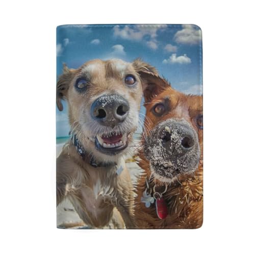 Reisepass Kartenetui Reisepasshülle Leder für Damen, Hunde machen Selfie am Strand von GAIREG