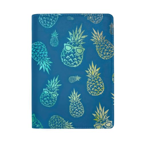 Reisepasshülle mit Katzenmotiv und orangefarbener Schleife, mit Kreditkartenfächern, Reisepasshülle aus Leder für Damen, Ananas auf Blau von GAIREG