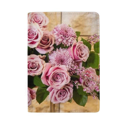 Reisepasshülle mit Vintage-Rosenmotiv und Kartenhalter für Damen, Blumenstrauß Rosa Rosen von GAIREG