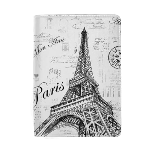 Reisepasshülle mit blauem Pfauenmuster für Herren für Damen, Paris Eiffelturm Schwarz Weiß von GAIREG