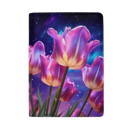 Rosa Tulpen auf einem Nachthimmel Männer Leder Passport Halter Reisepass Brieftasche Männer, Tulpen Blume Lila Raum von GAIREG