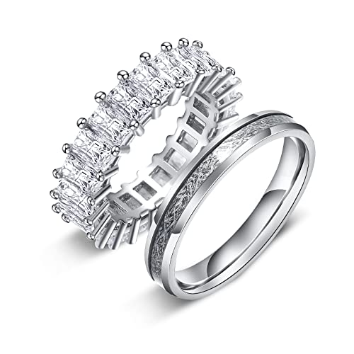 GALANI 2 Stücke Edelstahl Ring Damen Silber Ehering Verlobungsring Freundschaftsring Band Ringe mit Diamant und Meteorit Aufkleber 4MM 5MM Silberring Größe 52 (16.6) von GALANI