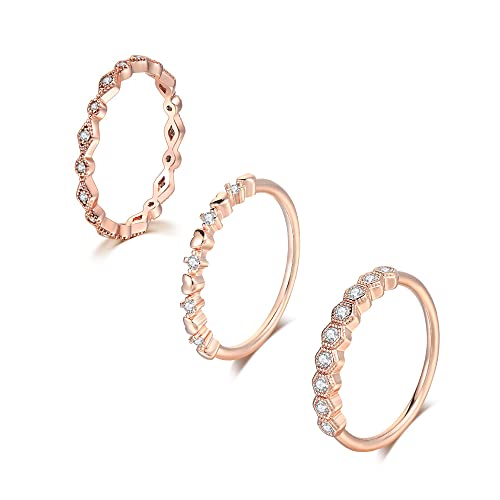 GALANI 3 Stücke Edelstahl Eheringe für Damen Roségold Band Ringe mit Zirkonia Freundschaftsring Damenring Mode Schmuck Ringe Größe 59(18.8) von GALANI