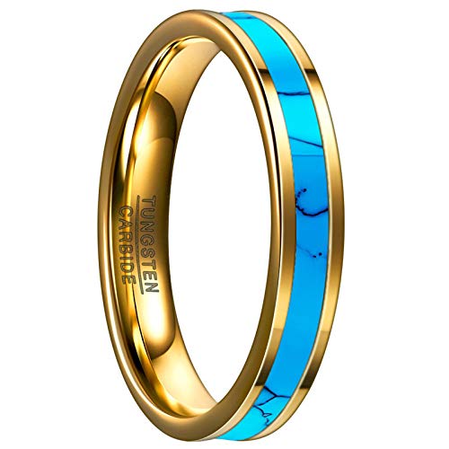 GALANI 4mm Wolframcarbid Ring Gold Türkis Ring für Damen Herren Verlobungsring Eheringe Vertrauensring Jahrestag Schmuck für den täglichen Gebrauch Komfort Fit Größe 63.4(20.2) von GALANI