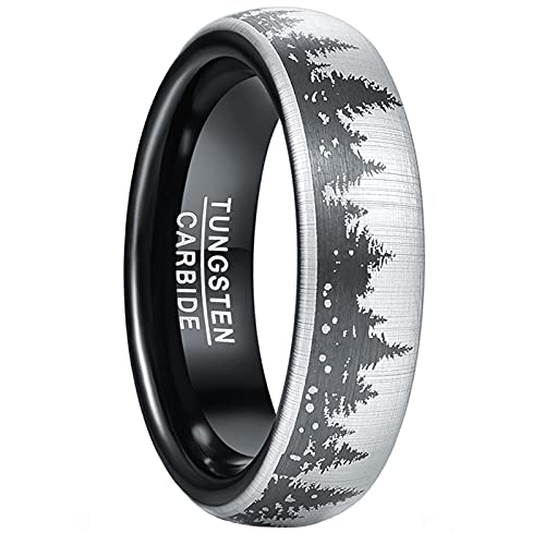 GALANI 6mm Gewölbt Ehering Verlobungsring für Herren Damen Silber Wolfram Ringe Jubiläumsring mit Schwarz Laserwaldmuster Mode Schmuck Ring Größe 54.4(17.3) von GALANI