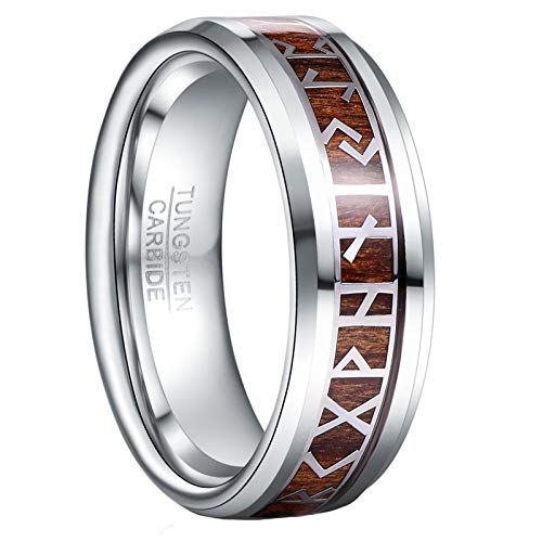 GALANI 8 mm Silber Wolfram Ring mit Holz und Wikinger Skript Inlay für Männer Frauen Wolframkarbid Trauringe Hochzeit Jahrestag Verlobungsring Größe 58(18.5), Holz von GALANI