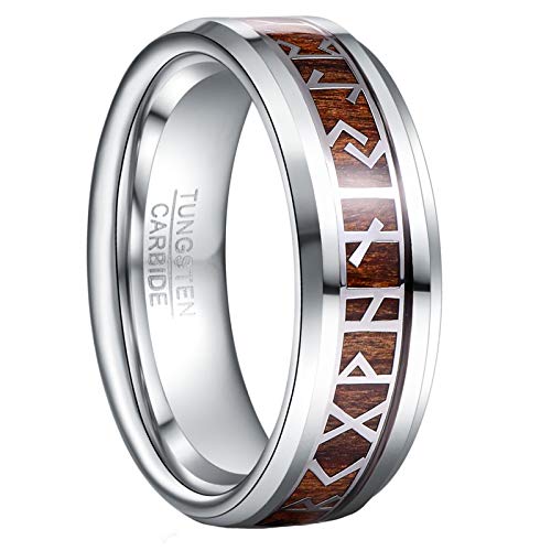 GALANI 8mm Silber Hochzeit Ringe aus Wolframkarbid Viking Ring für Frauen und Männer mit Holz und Wikinger Skript Inlay Ehering Verlobungsring Vertrauensring Größe 54.4(17.3) von GALANI