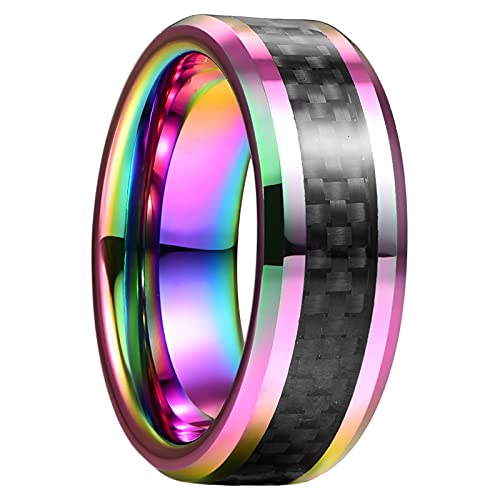 GALANI Hochzeit Ring Schwarz Männer Frauen Wolfram 8mm Ehering mit Kohlefaser und Mehrfarbig Abgeschrägten Kanten Hochzeitsringe Verlobungsringe Schmuck Größe 65(20.7) von GALANI