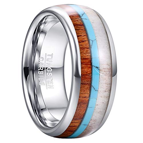 GALANI Herren Damen Holzring Silber Wolfram Ring 8mm mit Türkis Koa Holz Eingelegte für Hochzeit Verlobung Jubiläum Versprechen Valentinstag Größe 67(21.3) von GALANI
