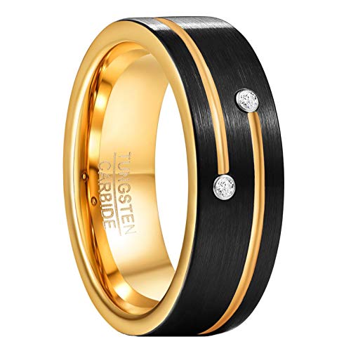 GALANI Herren Damen Partner Ring aus Wolframcarbid 8mm Schwarz Gold Ehering Verlobungsring Vertrauensring mit Goldenen Rillen und Zirkon Inlay Größe 67.2(21.4) von GALANI
