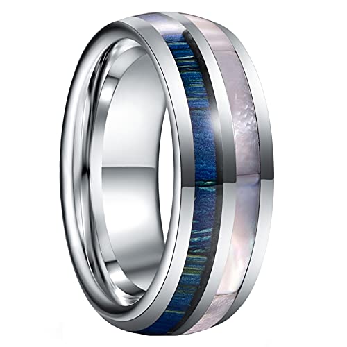 GALANI Herren Ring Silber Blau Wolfram Ring 8mm für Verlobung Hochzeit Jubiläum Versprechen mit Blauer Holz und Perlmutt Unisex Holzring Schmuck ​Größe 54(17.2) von GALANI