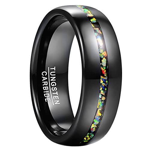 GALANI Ring Schwarz Herren Damen 8mm Wolfram Ehering Verlobungsring Freundschaft Ring mit Crushed Synthetischer Opal Poliert Finish Comfort Fit Größe 57(18.1) von GALANI
