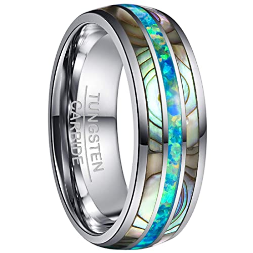 GALANI Ring für Herren Damen 8mm Silber Wolfram Ring mit Grün Opal und Muschel, Unisex Verlobungsringe Eheringe Partnerringe Jubiläumsring Mode Schmuck Comfort Fit Größe 53(16.9) von GALANI