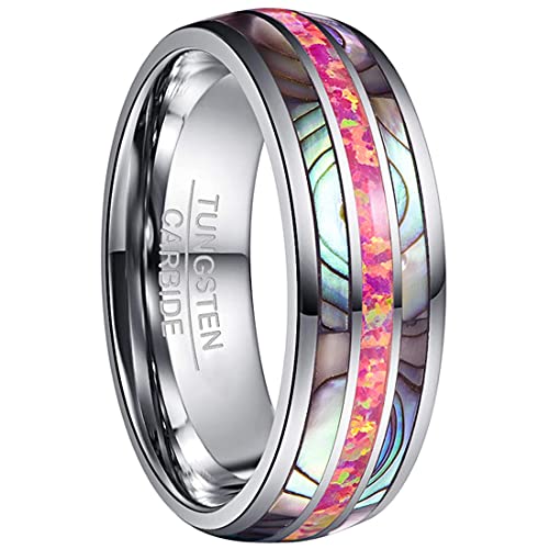 GALANI Ring für Herren Damen 8mm Silber Wolfram Ring mit Rot Opal und Muschel, Unisex Verlobungsringe Eheringe Partnerringe Jubiläumsring Mode Schmuck Comfort Fit Größe 52(17.2) von GALANI