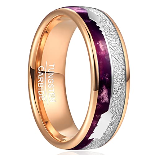 GALANI Rosegold Ehering Damen/Herren Wolfram Ring 8mm mit Silber Pfeil Meteorit und Lila Achat Inlay für Hochzeit Jahrestag Versprechen Partnerschaft Größe 65(20.7) von GALANI