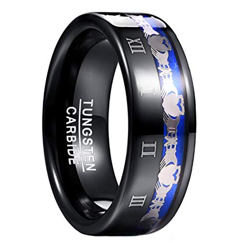 GALANI Schwarz Blau Ring für Männer Frauen Wolfram Ringe Eheringe Verlobungsring Jubiläumsring mit Claddagh Muster und Gravierte Römische Ziffern 8mm Größe 65(20.7) von GALANI