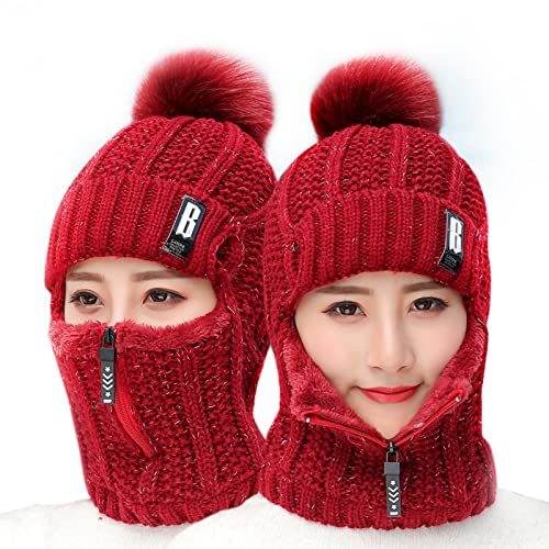 GALER Wintermütze Beanie Damen Winter Strickmütze Warme Loop Schal Mütze Set Strickschal Winddichte Cap mit Fleecefutter, Mütze & Schal Sets für Damen (Rotwein) von GALER