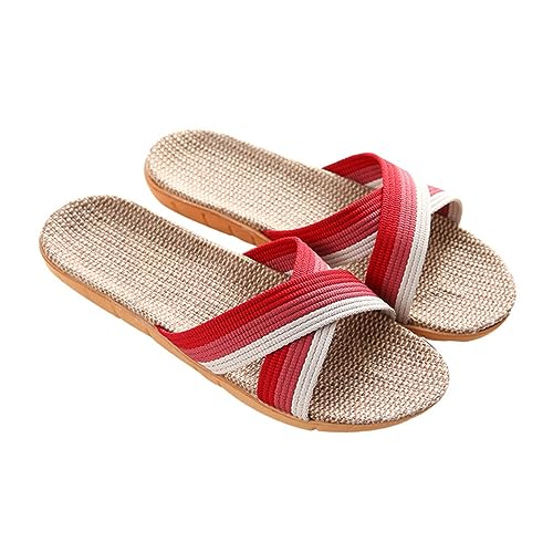 GALPADA Hausschuhe Leinen Sommer Rutschfest Kreuz Design Damen 1 Paar Offene Schuhe Weiche Sohle Indoor Bequem Flachs Slipper Rot von GALPADA