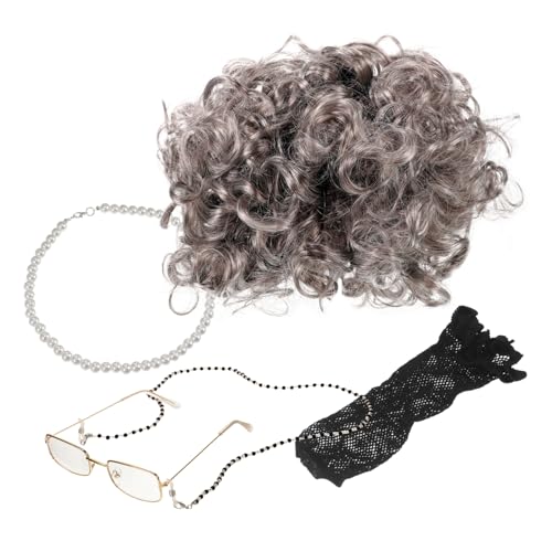 GALPADA 1Satz Perücke Set mit Brille Brillenkette und Halskette für Großmutter Cosplay Authentisches Kostümzubehör für Karneval und Halloween von GALPADA