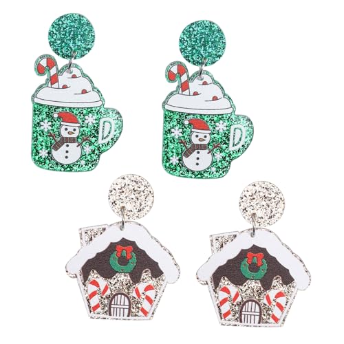 GALPADA 2 Paare Weihnachtsohrringe Damen Xmas Ohrstecker Dangle Anhänger Cup Haus Design Festlicher Schmuck für Frauen von GALPADA