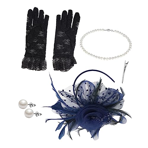 GALPADA 2 Sätze Cocktailparty-Hut Abschlussball-Stirnband Hochzeit Stirnband Perlenhalsband Damen perlenschmuck set lace gloves Tea-Party-Hüte Haarschmuck für den Abschlussball spitze Navy von GALPADA
