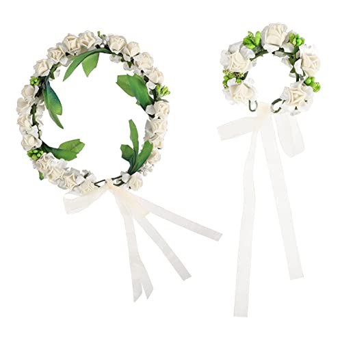 GALPADA 2 Stück Teiliges Set Blumenkranz Haarschmuck und Handgelenkband für Mädchen Simulierte Blütenkrone für Partys Geburtstagsfeiern und Fotoshootings Verstellbar und Geruchlos von GALPADA
