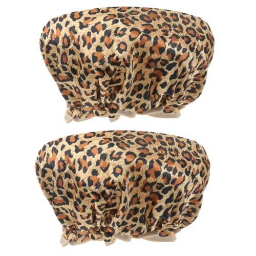 GALPADA 2 Stück Wasserdichte Duschhaube Damen Leopard Print Doppellagig Peva Elastisch Haarhaube Schutzkappe für Duschen Make Up Beauty Salon Wiederverwendbar und Komfortabel von GALPADA