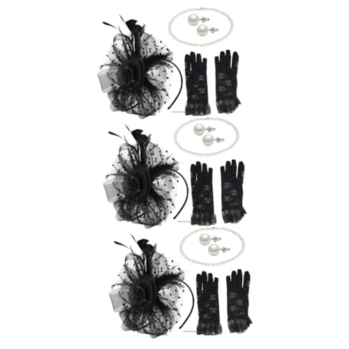 GALPADA 3 Sätze Cocktailparty-Hut elegant retro styles handschue Blumen-Halskette Perlenhaarschmuck für Frauen Fascinators für Frauen Teeparty Teepartyhut für Frauen zinklegierung Black von GALPADA
