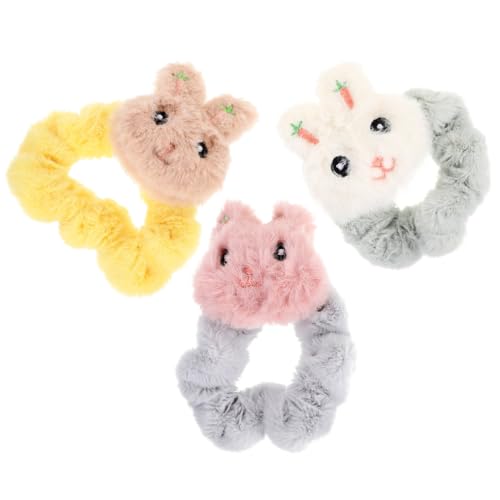 GALPADA 3 Stück Elastische Haargummis mit Plüsch Kaninchenkopf Weiche Dehnbare Haargummis für Damen und Mädchen Dekorative Ponytail Halter in Khaki Weiß und Rosa Schonend und Vielseitig von GALPADA