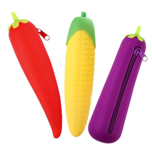 GALPADA 3 Stück Teiliges Federmäppchen aus Lebensmittelechtem Silikon Großes Fassungsvermögen mit Niedlichen Gemüseformen Aubergine Mais Karotte Handliches Leichtes Stifteetui für Schule von GALPADA