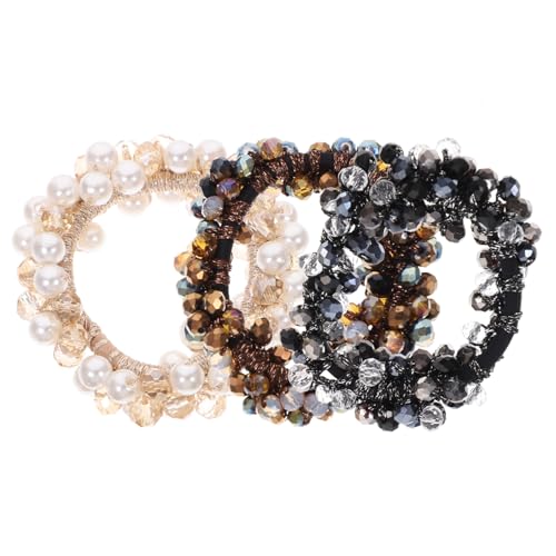 GALPADA 3 Stück Teiliges Perlen Elastisch Modische Pferdeschwanz halter für Damen und Mädchen Dehnbarer Haarschmuck in Silber schwarz Champagner und Regenbogenfarben Vielseitig für von GALPADA