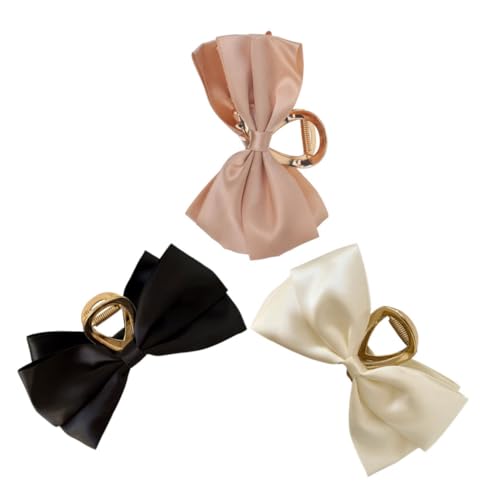GALPADA 3 Stück Teiliges Satin Haarschmuck Krallenclips für Damen Große Schleifen Haarspangen Schwarz Beige Khaki Stabile Formbeständige Haarklammern für Alltag und Festliche Anlässe von GALPADA