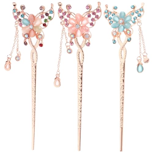 GALPADA 3 Stück Vintage Haarschmuck Damen Blumen Haarnadeln mit Quaste Robuste Legierung Haarstäbchen für Lange Haare Hanfu Cosplay Stilvolle Haarklammern für Alltag und Festlichkeiten von GALPADA