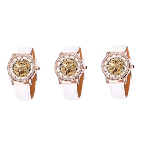 GALPADA 3stücke Damen Automatik-Uhr Mit Pu-Armband Und Edelstahl-gehäuse Elegante Mechanische Armbanduhr Weiß Für Alltag Und Besondere Anlässe von GALPADA